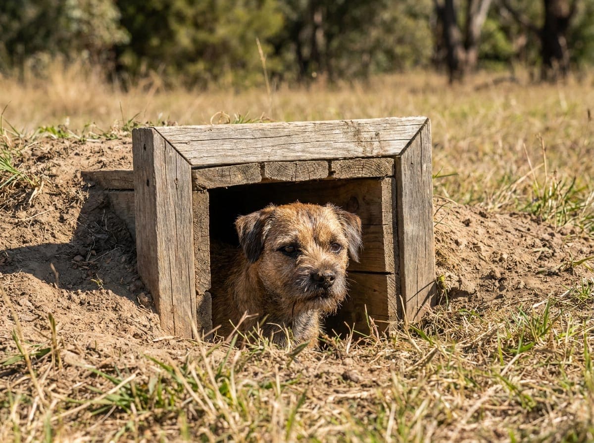 A small terrier at the wooden tunnel mouth of an Earthdog den, ears forward, about to commit underground.