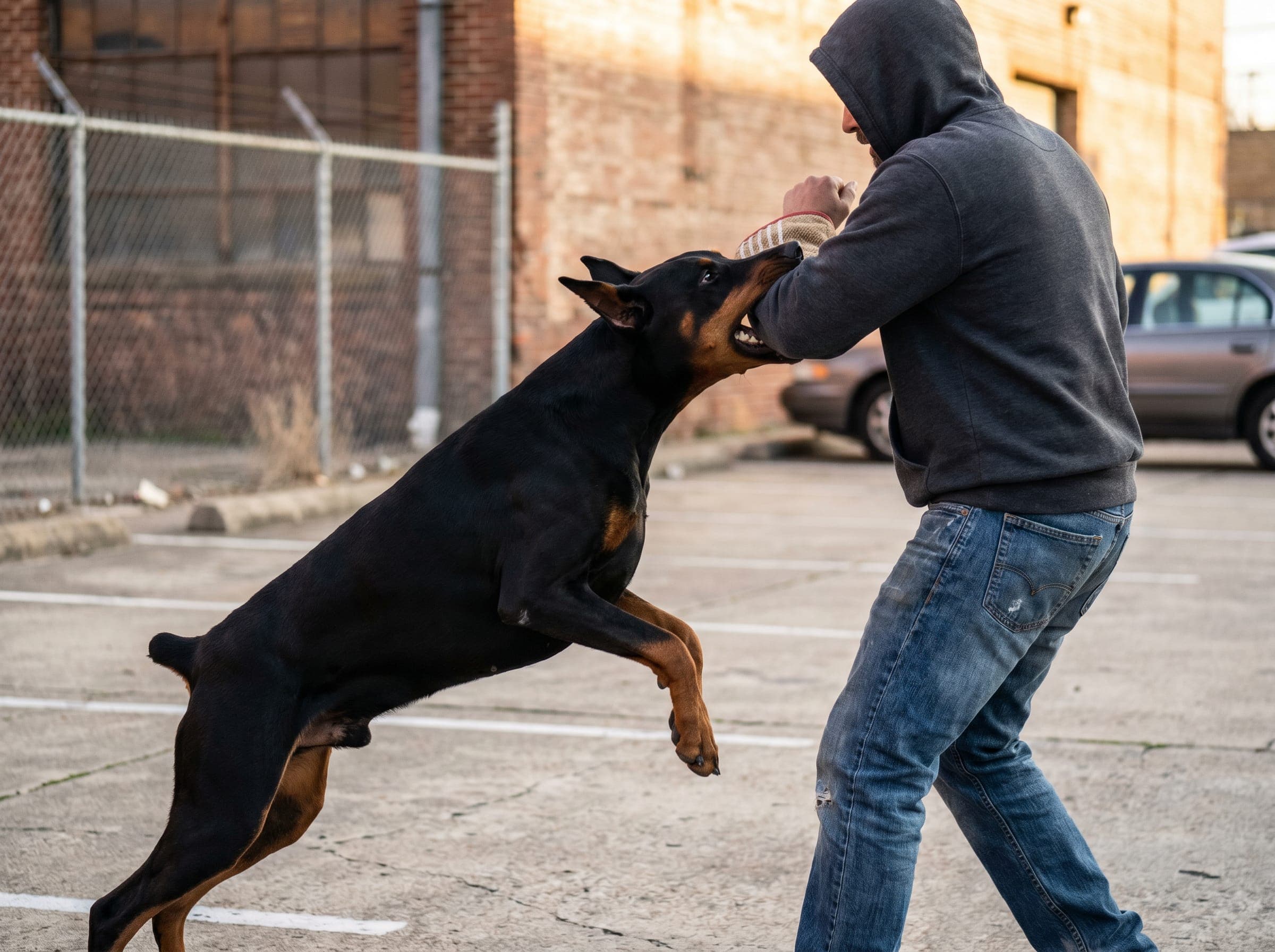 A Doberman mid-engagement with a hooded decoy in street clothes in an urban parking lot, concealable bite sleeve visible at the wrist.