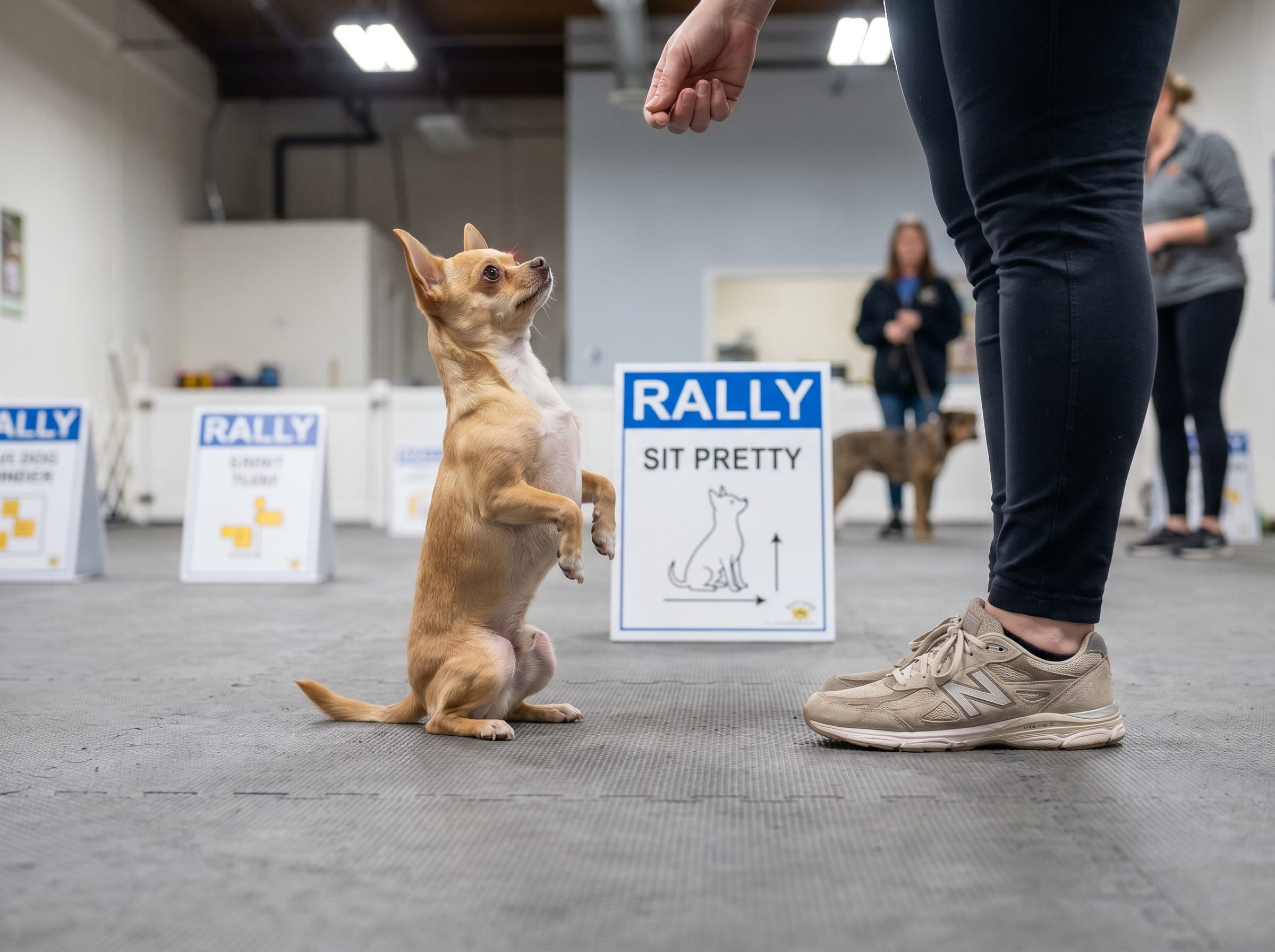 A small dog in sit-pretty position next to a handler with a numbered Rally-FrEe sign visible in the background.