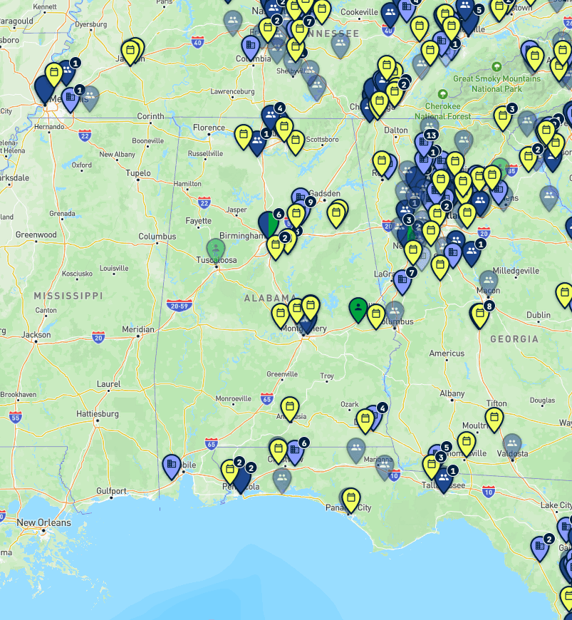 Map of dog-sports trainers, clubs, facilities, and events in Alabama