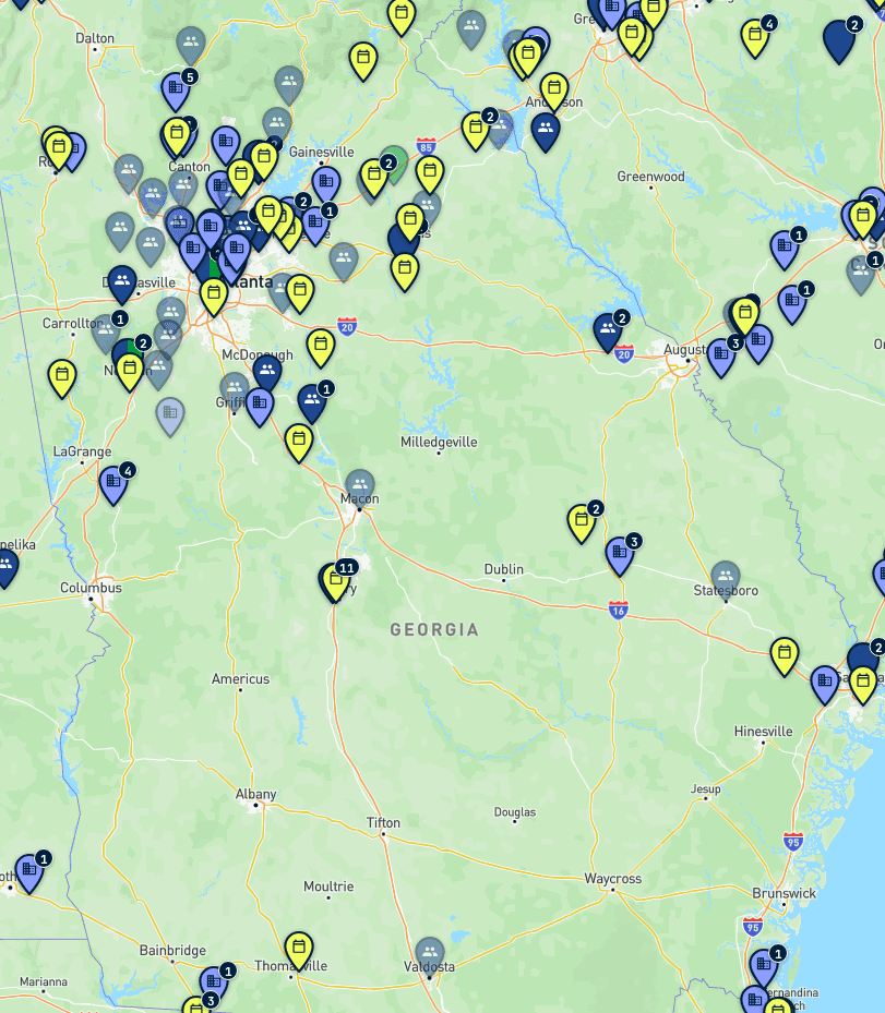 Map of dog-sports trainers, clubs, facilities, and events in California