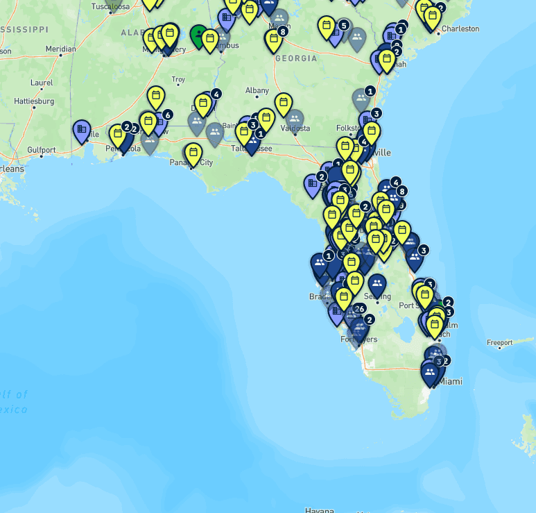 Map of dog-sports trainers, clubs, facilities, and events in Florida