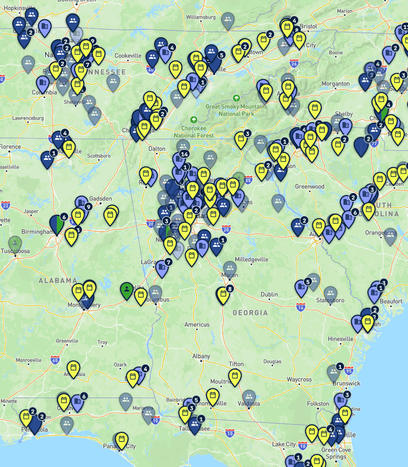 Map of dog-sports trainers, clubs, facilities, and events in Georgia