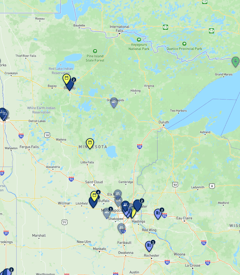 Map of dog-sports trainers, clubs, facilities, and events in Minnesota