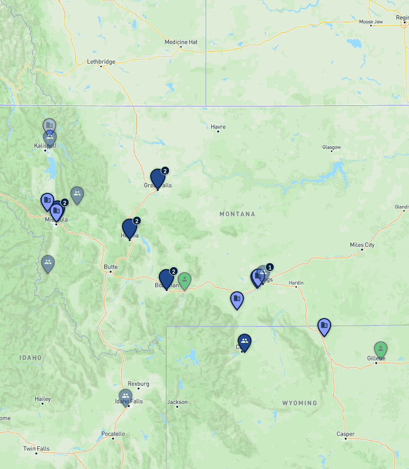 Map of dog-sports trainers, clubs, facilities, and events in Montana