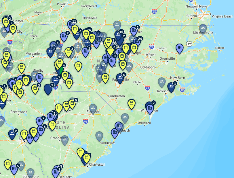 Map of dog-sports trainers, clubs, facilities, and events in North Carolina