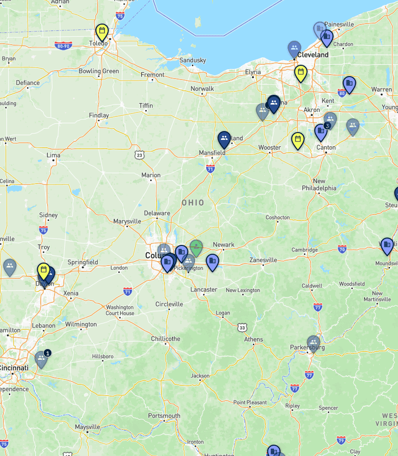 Map of dog-sports trainers, clubs, facilities, and events in Ohio