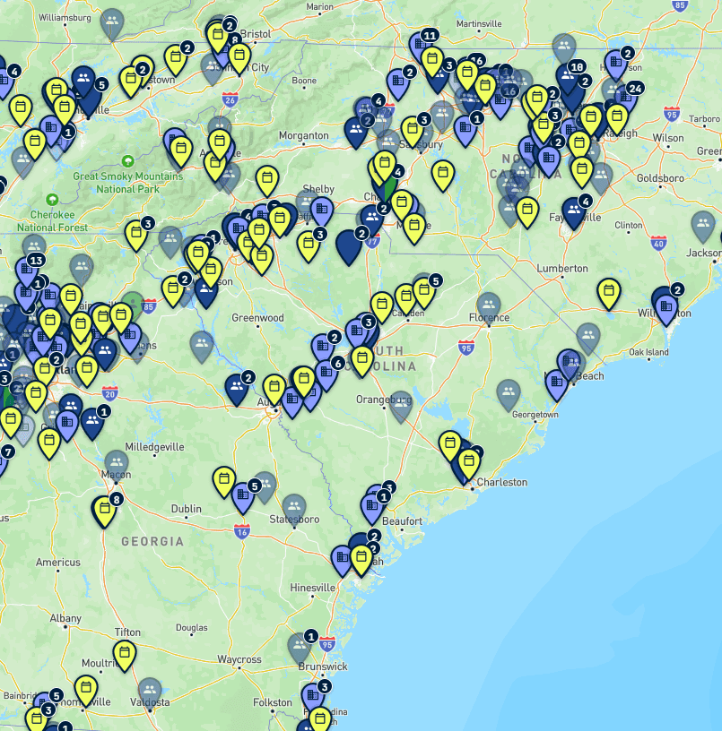 Map of dog-sports trainers, clubs, facilities, and events in South Carolina