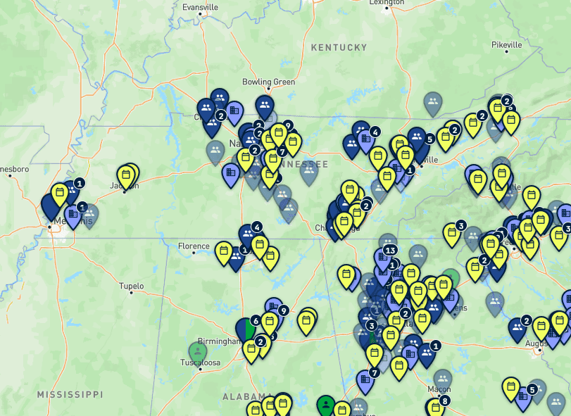 Map of dog-sports trainers, clubs, facilities, and events in Tennessee