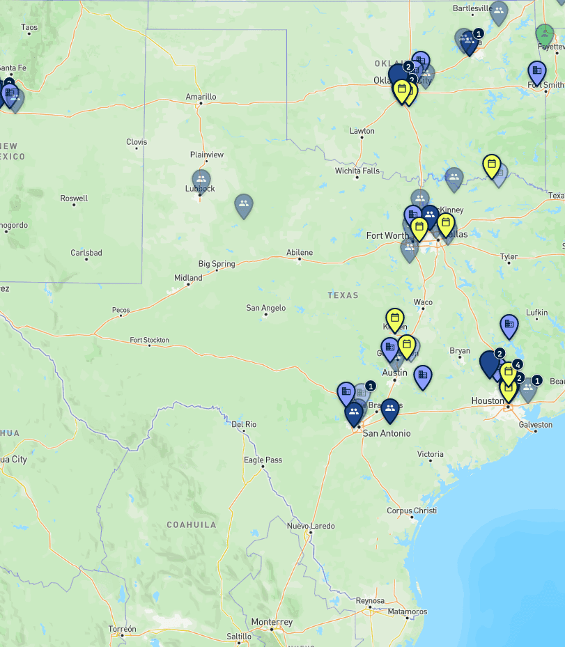 Map of dog-sports trainers, clubs, facilities, and events in Texas