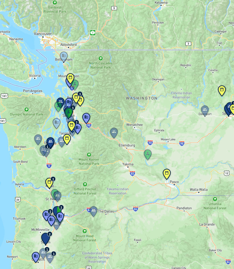 Map of dog-sports trainers, clubs, facilities, and events in Washington